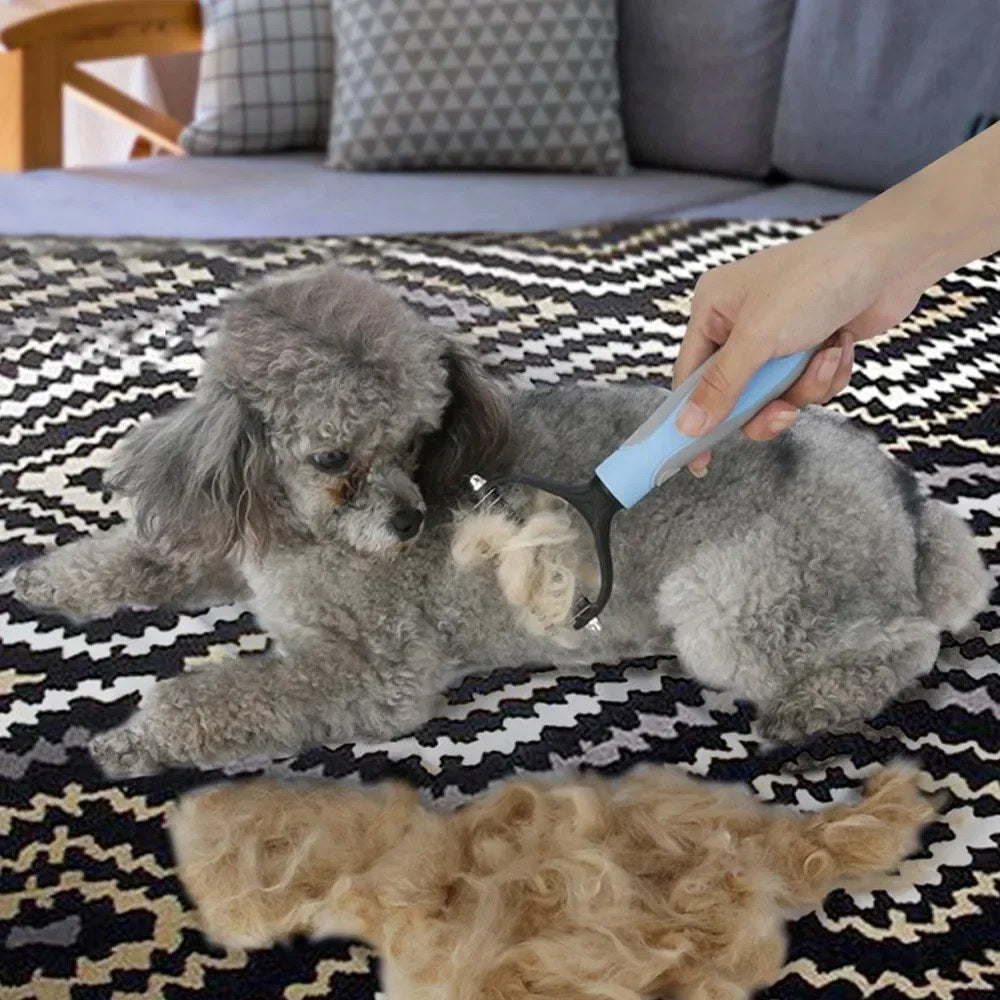 Dog being brushed with deshedding comb