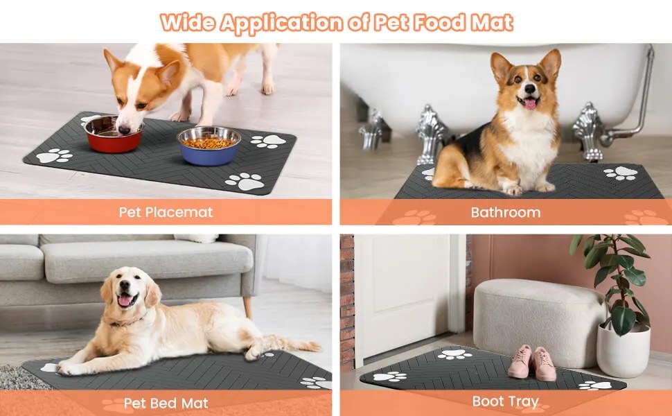 Dog eating next to feeding mat