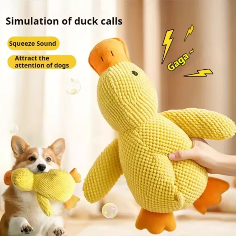 Dog cuddling with duck toy